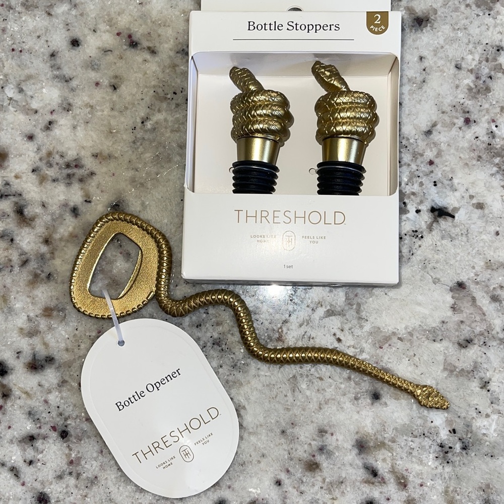 Threshold Metal Antique Gold Snake Bottle Stoppers Opener Set Halloween Man Cave